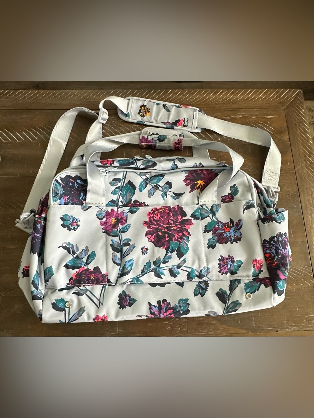 Vera Bradley Floral Travel Overnight Bag in Gray/Blue with Pink & Teal Blooms